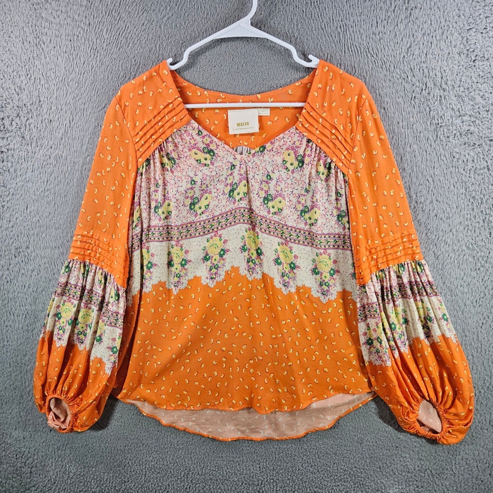 Maeve Anthropologie Womens Orange‎ Floral Paisley Balloon Sleeve Blouse Small